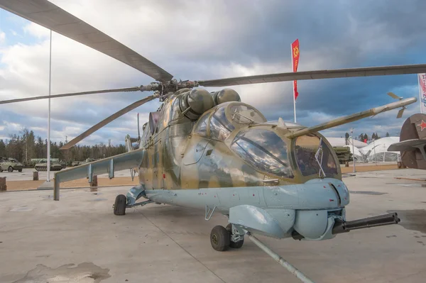Modern Russian military helicopter Mi-24 in the Parking lot at Patriot Park, front view