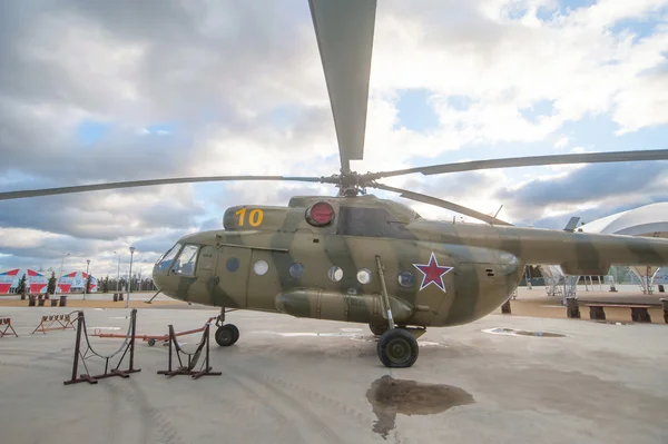 Russian military transport helicopter Miles Mi-8 parked at Patriot Park, side view