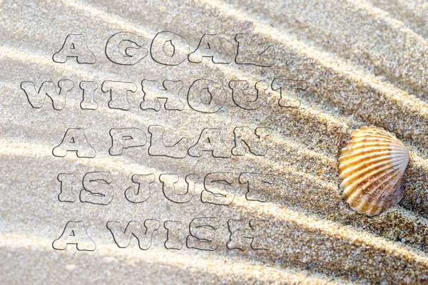 Life quote. Inspirational quote on sand background with sea shell. Motivational typography. Uneven transparent font. A goal without a plan is just a wish.