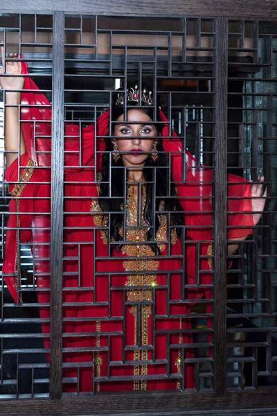 Portrait of young woman in ethnic arabic red costume, standing behind the fence