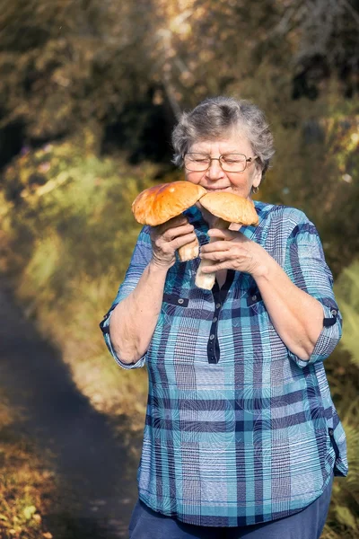 Happy active older woman - mushroom picker, inhale the smell of white mushrooms found it.