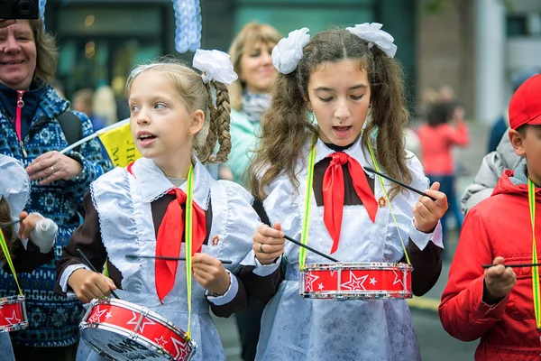 Russia, Moscow - September 11, 2016: Moscow City Day. Moscow residents and guests celebrate the 869 anniversary of the city. Performance on Tverskaya Street. Public-event. Pioneer drummer children.