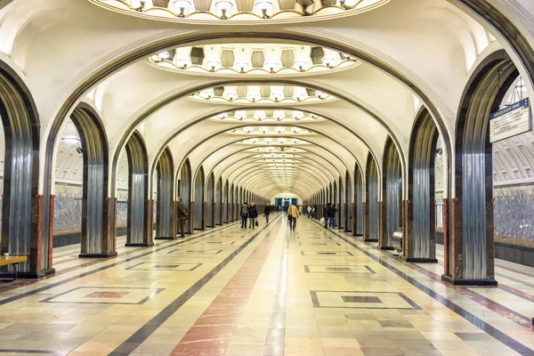 MOSCOW - MARCH 21: Interior of the metro station Mayakovskaya on March 21, 2015 in Moscow, Russia. Moscow Metro is the world's busiest metro system