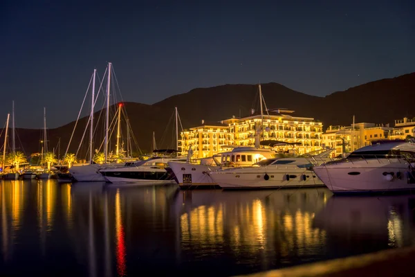 Yachts in port Montenegro at night