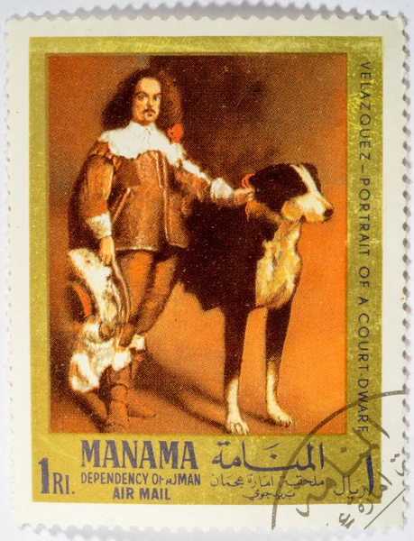 MANAMA - CIRCA 1968: A stamp printed in Hungary shows Court Dwarf with dog by Velazquez, circa 1968
