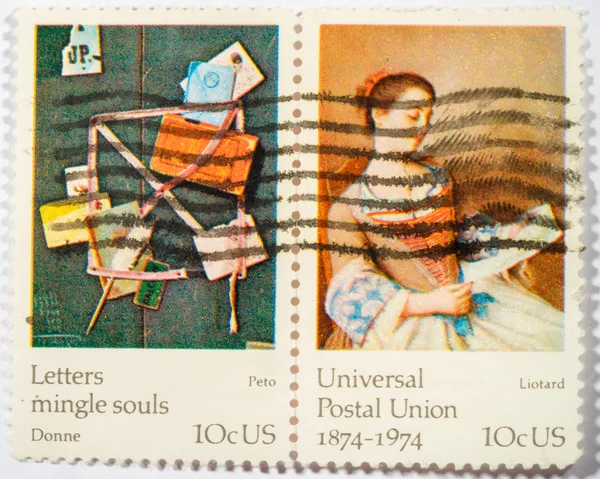 US - CIRCA 1974: A double stamps printed in US shows The Lovely Reader by Liotard and Old Scraps by Peto, ceries FAMOUS WORKS OF ART, the 100th anniversary of the Universal Postal Union. circa 1974.