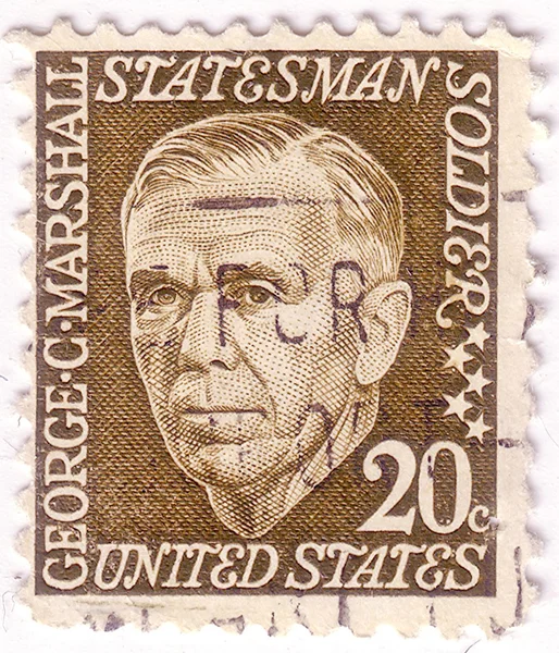 USA - CIRCA 1967: A stamp printed in USA shows portrait American military leader George Catlett Marshall, won the Nobel Peace Prize in 1953, circa 1967