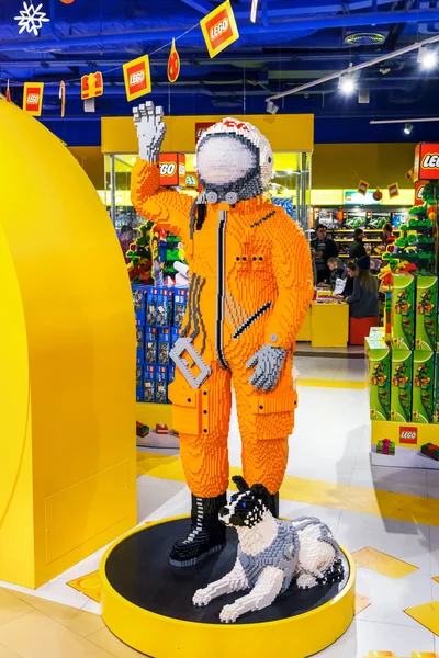 MOSCOW, RUSSIA - DECEMBER 11, 2015: cosmonaut in a space suit made by Lego blocks in Central Childrens Store on Lubyanka greeting visitors at the entrance