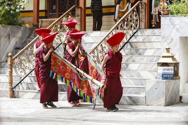 Unidentified tibetan buddhist monks play music for opening ceremony of the Hemis Festival at Hemis monastery in Leh, Ladakh