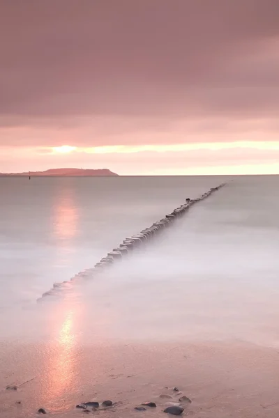 Wooden breakwater on wavy Baltic Sea.  Pink horizon with first hot sun rays.