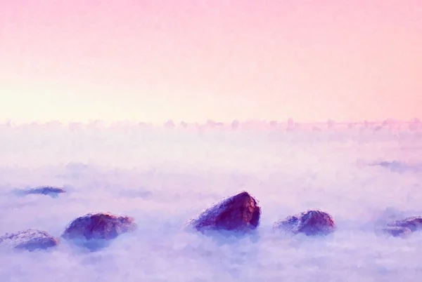 Watercolor paint effect.  Paint effect. Pink sunset at rocky coast of sea. Smooth water level and dreamy effect