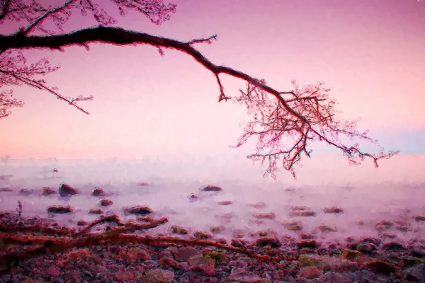 Watercolor paint effect. Bended tree above sea level,  boulders sticking out from smooth waves. Pink horizon