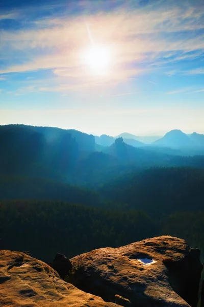 Spring misty morning in  forest landscape. Majestic peaks cut lighting mist. Deep valley is full of colorful fog and rocky hills are sticking up to Sun.