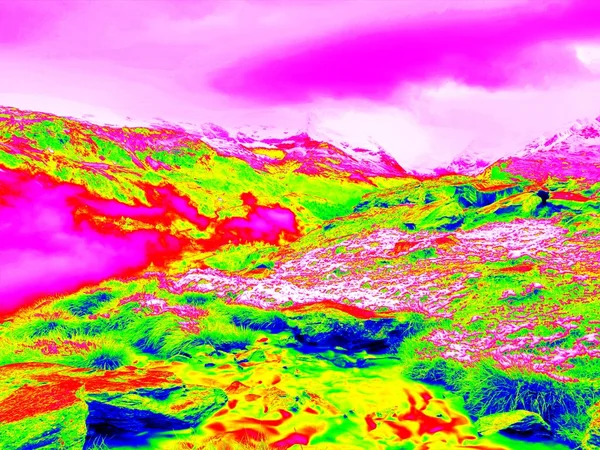 Rapid stream in mountains in infrared photo. Amazing thermography. Hilly landscape in background.
