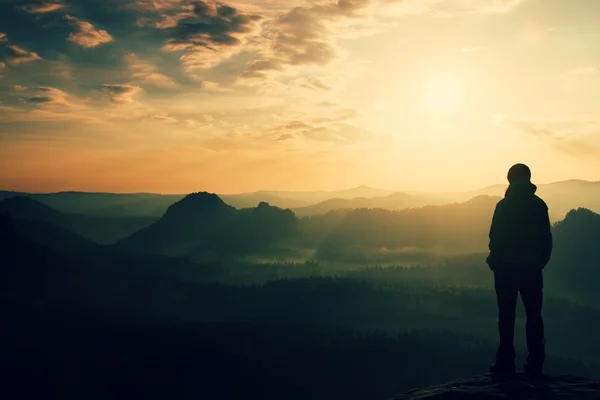 Silhouette of young tourist with hands in pockets. Sunny spring daybreak in rocky mountains. Girl stand on rocky view point above misty valley. Painting effect.