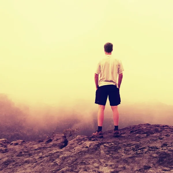 Melancholy man in shirt and pants. Tourist on the peak of sandstone rock down to misty landscape.