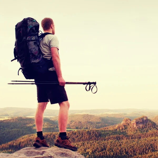 Tall backpacker with poles in hand. Sunny summer evenng in rocky mountains. Hiker with big backpack stand on rocky view point above valley.