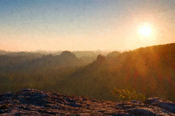 Watercolor paint. Paint effect. Autumn melancholic morning in rocky park. View into long deep valley full of heavy colorful mist. Autumn landscape within daybreak after rainy night