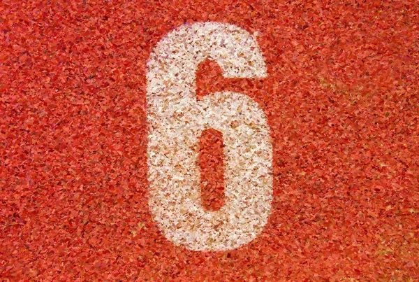 Watercolor paint. Paint effect. White track number six  on red rubber racetrack, running racetracks in small stadium