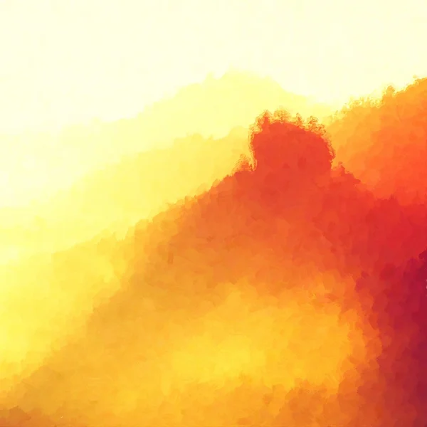 Watercolor paint. Paint effect. Misty landscape, heavy  fog between hills and orange sky within early sunrise