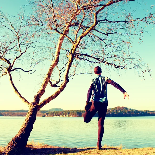 Silhouette of sport active man in running leggins and blue shirt at birch tree on  beach. Calm water, island and sunny day