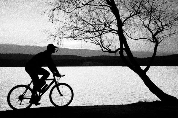 Black and white dashed retro sketch. Young man cyclist silhouette on beach