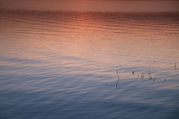 Beautiful autumn sunrise or sunset with Reflection on Lake water level. Gentle waves.