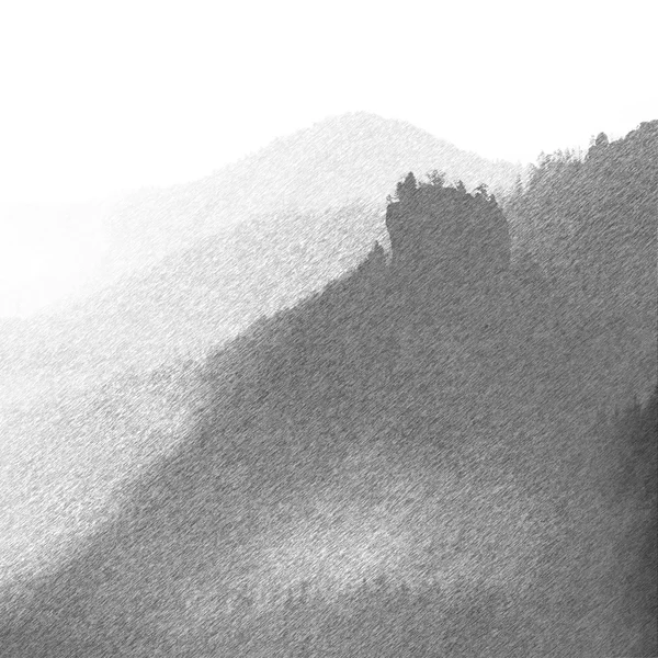 Black and white dashed retro sketch. Misty dreamy landscape. Deep misty valley in autumn park full of heavy clouds of dense fog.