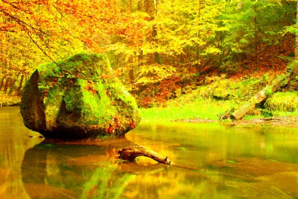 Watercolor paint. Paint effect.Autumn mountain river with blurred waves,, fresh green mossy stones and boulders on river bank covered with colorful leaves