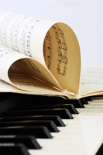 Closeup of a piano keyboard and notes of music