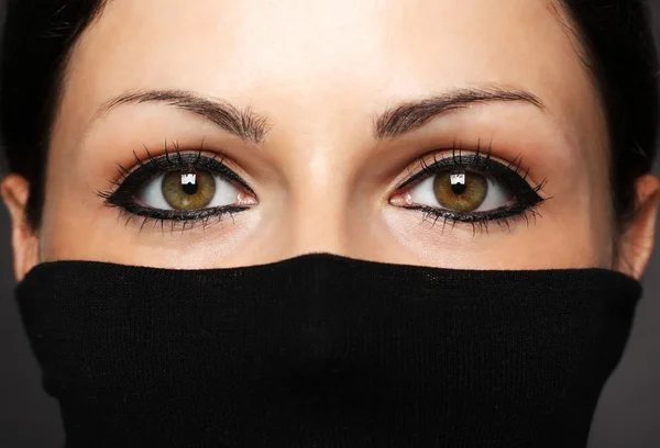 Fashion portrait of woman with hidden face with black polo neck Look at woman eyes