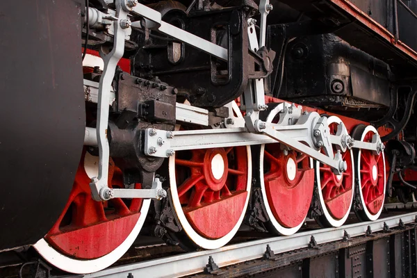Wheels of the locomotive closeup