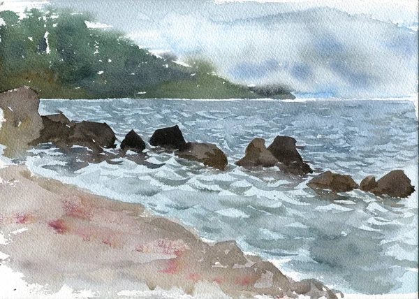 Watercolor landscape with stones at sea shore