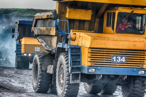 Big yellow mining trucks at worksite