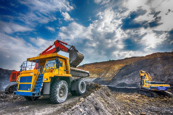 Big yellow mining truck and excavators