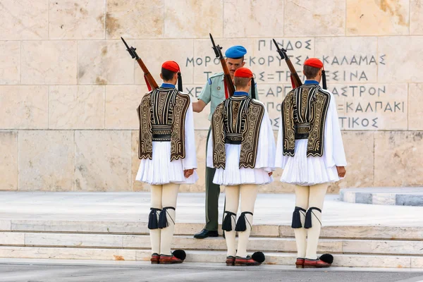 The Changing of the Guard ceremony takes place in front of the Greek Parliament Building