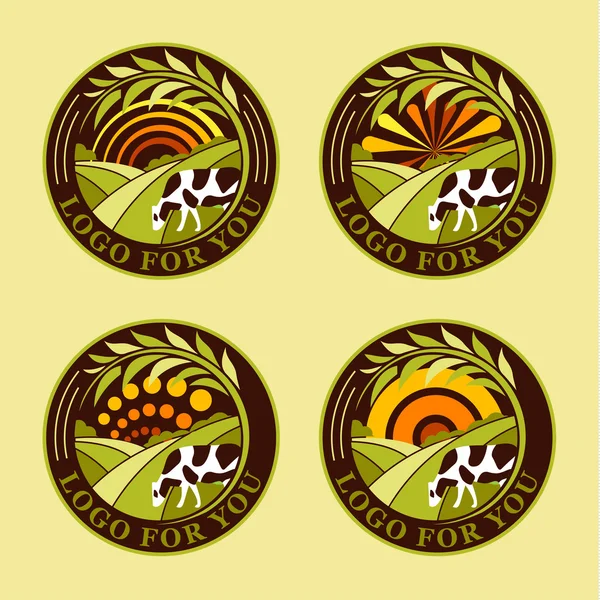 Set of round agricultural vector logos. Farm icons. Dairy products symbols. Fresh meat signs. Green meadow illistration. Nature image. Organic products. Eco label. Rural landscape.