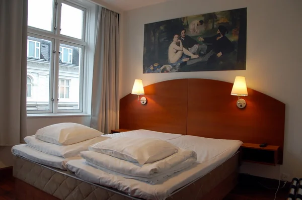 Interior of a small double room at a hotel