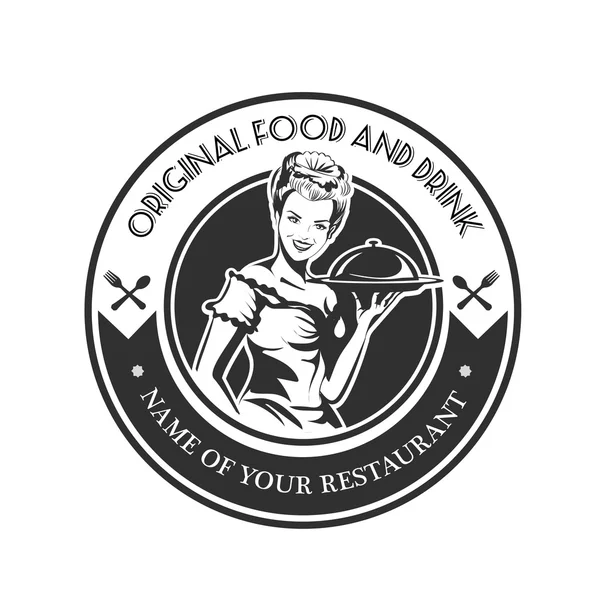 餐厅复古会徽,女服务员拿着一托盘。矢量图 - 