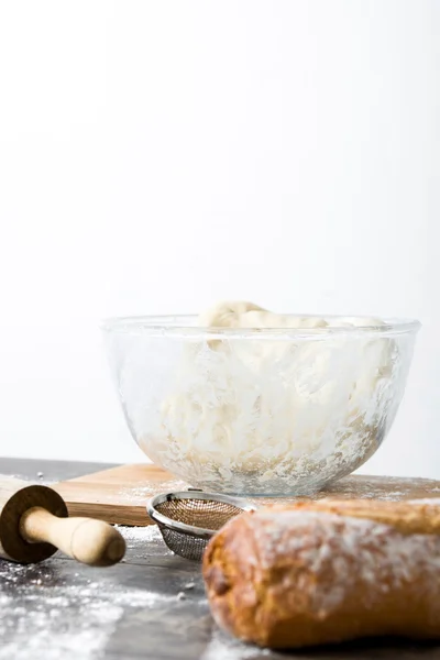 Making bread. table with the ingredients necessary to make bread