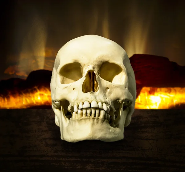 skull on a background of a burning fireplace