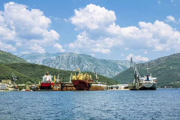 Ship-repair docks with the ships in the Bay of Kotor. view from