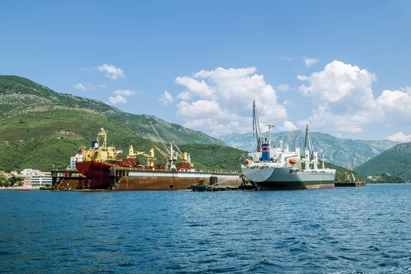 Ship-repair docks with the ships in the Bay of Kotor. view from