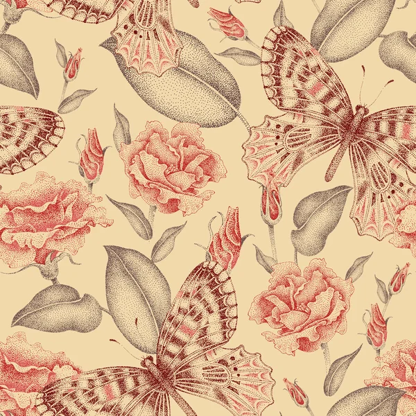 Seamless pattern of flowers and butterflies.