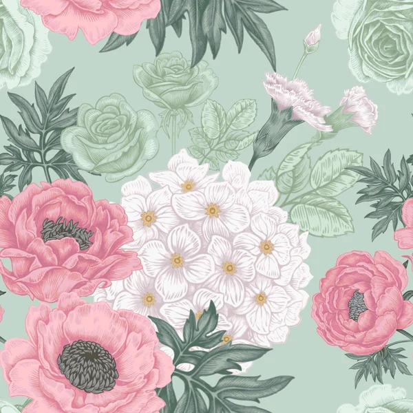 Seamless pattern with flowers roses, peonies, hydrangeas, carnat