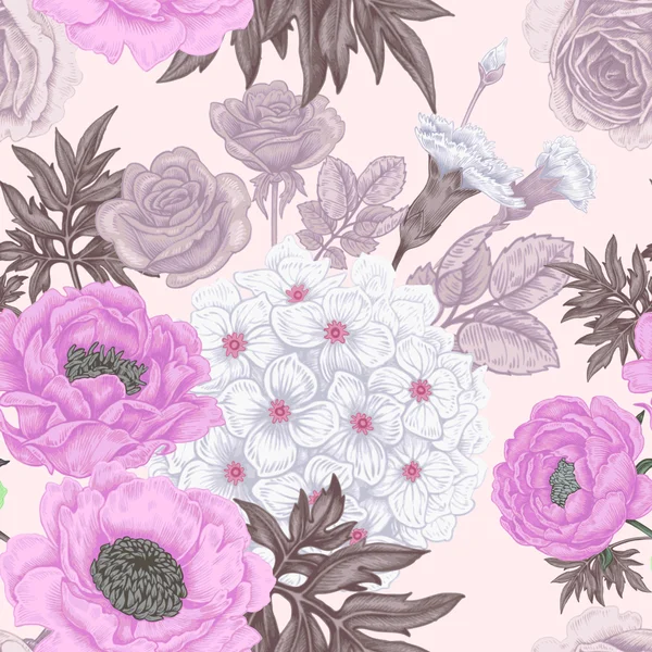 Seamless pattern with flowers roses, peonies, hydrangeas, carnat