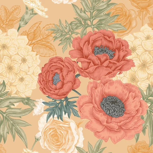 Seamless pattern with flowers roses, peonies, hydrangeas, carnat