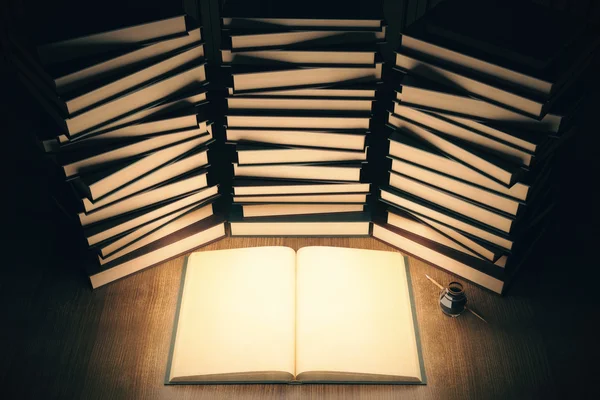 Illuminated, blank open book with stacks of closed books around. Mock up, 3D Render