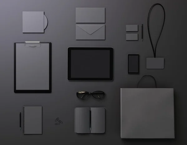 Black template with office stationery and tablet pc
