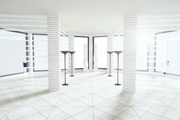 Modern white empty room with pillars and big windows